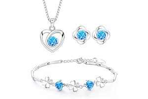 Josfeva Parure Femme Argent Sterling 925 avec Zircon Cubique Bleu, Parure de Bijoux Coeur Collier Trèfle Boucles d'oreilles Bracelet, Ensemble de Bijoux d'amour Clous Chaîne Pendentif Hypoallergénique