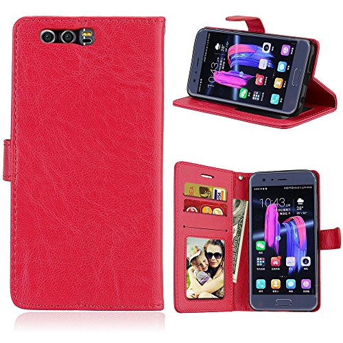 JINXIUCASE Mobile Phone Case Cover, Huawei Honor 9 Case,Solid Color Premium PU Leather Wallet Magnetic Buckle Design Flip Folio Protective Case Cover for Huawei Honor 9 (Color : Red)