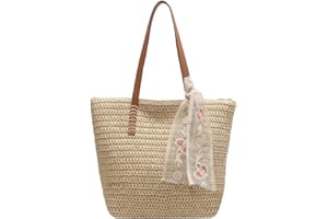 TIAASTAP Duża torebka ze słomy, torba plażowa z zamkiem błyskawicznym, pleciona torba na łyki, damska letnia torebka słomkowa, torebka na lato, torba na ramię