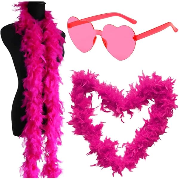 Lot De 2 Boas En Plumes Artificielles + Lunettes Cœur - Rose | Pour Déguisement, Fête, Carnaval, Halloween - Accessoire Danse