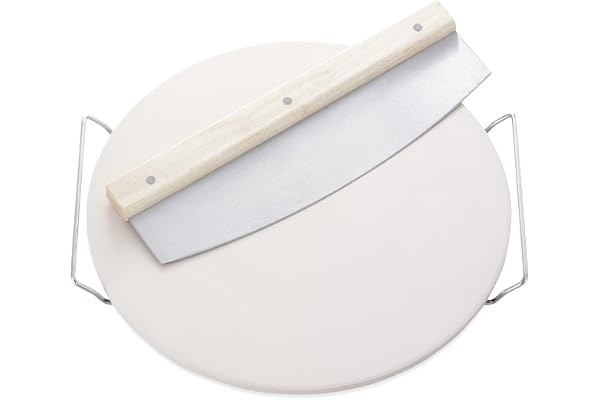 Leifheit Planche à pizza, Pierre à pizza pour four avec coupe-pizza, idéale pour tartes flambées et pizzas, Plaque à pizza en céramique Ø 33 cm pour des fonds croustillants, Planche de cuisson ronde