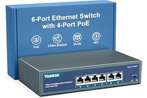 YuanLey Switch PoE de 6 Puertos con 4 Puertos PoE+, 802.3af/at 78W de Potencia Incorporada, Plug & Play no Administrado de Metal sin Ventilador