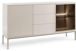Emporius Haller Kommode mit Lamellen, Beige, Wohnzimmer Kommode mit LED - Loft Stil, Sideboard 3-türig mit Schubladen - 154 cm breit