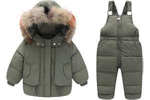 Boodtag 2pcs Unisex Baby Kids Puffer Winter Warm Hooded Down Coat with Snowsuit Snow Bib Pants Ski Suits Outfit Set 0-6 Years