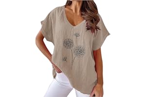 NUSGEAR 2023 Camiseta Manga Corta Mujer, Verano Algodón y Lino Moda Impresión Blusa Camisa Cuello en V Basica Camiseta Elegant Suelto Tops Casual Fiesta Cómodo T-Shirt Original tee Playa