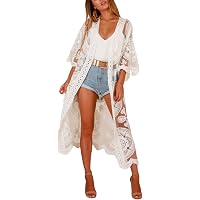 Women's Crochet Kimono Beach Cover Up - Long Lace Cardigan, Open Front, Black One Size Fits S-L, Swimsuit Coverup - View #4