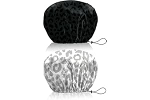 BHAHB Pack of 2 Shower Caps, Double Layer, Waterproof, Elastic, Adjustable Shower Cap, Reusable, Aesthetic, Cute Shower Cap for Women (V5-Black White Leopard Pattern)