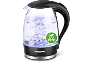 Aigostar Adam - Wasserkocher Glas 1,7 Liter, 2200 Watt, LED-Beleuchtung, 100% BPA Frei, Verdicktes Borosilikatglas Wasserkoch