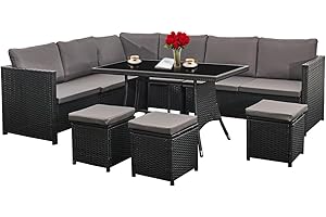 AFURNI 9 Seat Rattan Garden Furniture Set, Outdoor Corner Sofa Rattan Patio Conversation Sofa Dining Table Chair Set for Indoor Outdoor,Black