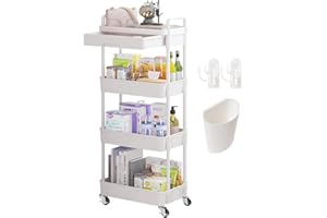 Wuciray 4 Schicht Regal mit Rollen Beistellwagen mit Rollen Rollregal Weiß Putzwagen Friseurwagen Servierwagen Bastelwagen für Kinder Rollwagen Plastik mit Schubladen Aufbewahrungswagen