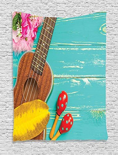 Music Decor Tapestry Wall Hanging, Ukulele With Hawaii Style Background Wooden Classical Vacation Stylized, Bedroom Living Room Dorm Decor, 60 W x 80 L Inches