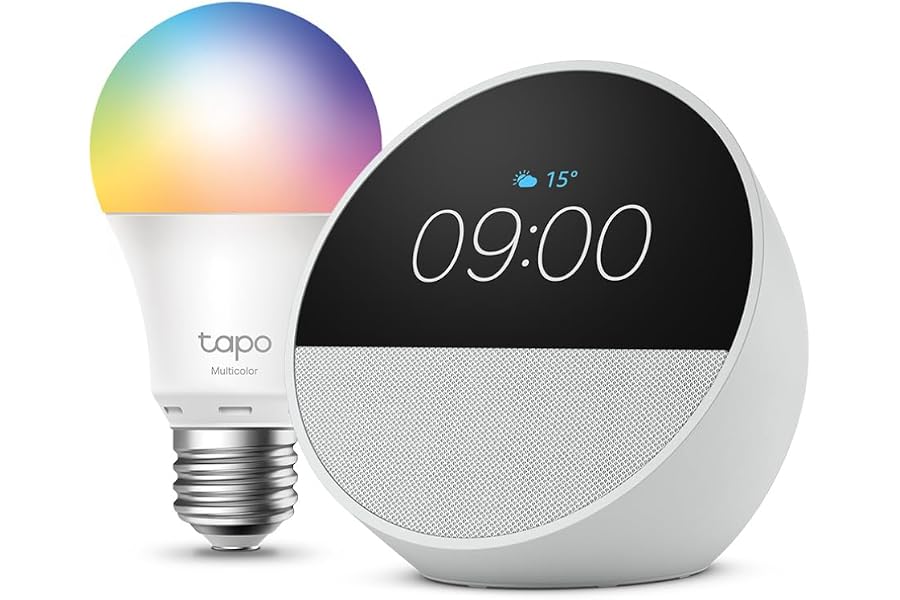 Echo Spot | Weiß + Tapo L530EA (E27) Lampe, kompatibel mit Amazon Alexa - Smart Home-Einsteigerpaket