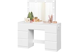 WOLTU Schminktisch mit LED-Beleuchtung Steckdose Spiegel, einstellbare Helligkeit, Kosmetiktisch mit 7 Schubladen, Weiß, 110x140,5x39,5 cm, MB6124ws