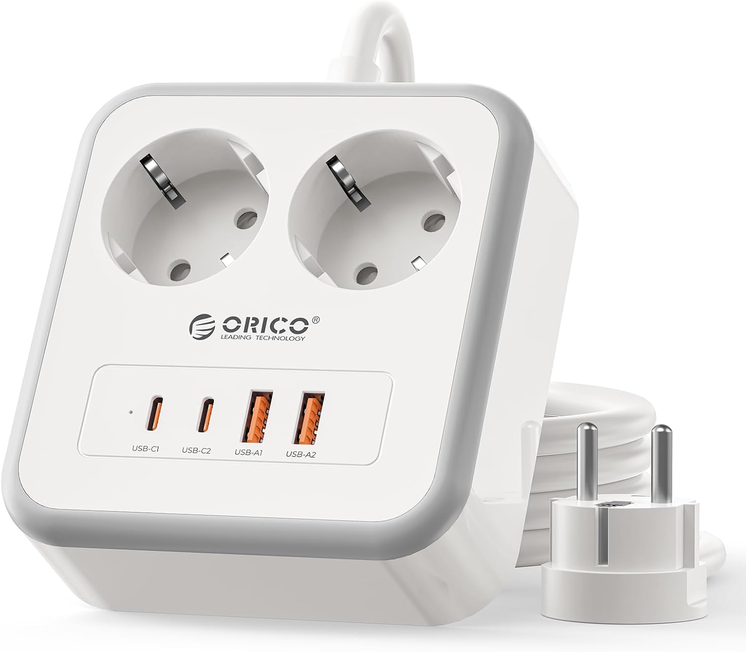 ORICO Regleta Enchufes con USB C 20W, Regleta de 3 Metros con 2 Tomas y 4 USB (2 USB-C), Diseño Compacto con Agujeros de Montaje y Pies Antideslizantes, 2500W, para Mesa o Pared, Blanco - APD