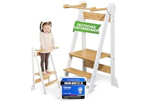 practical living e* Montessori Learning Tower Space-Saving and Height-Adjustable Bamboo for Children from 1 Year (Foldable) Learning Tower, Step Stool, Learning Tower, Stool for Children