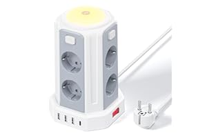 KEMELO Torre Regletas Enchufes (3600W/16A), 2 M Enchufes Vertical con 4 Puertos USB y 8 Enchufes Tomas Protección con Interruptor y luz para Mesa, Oficia, Casa