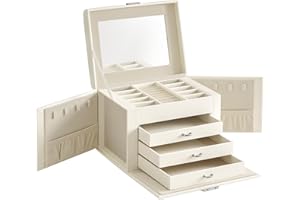 SONGMICS Schmuckkästchen 4 Ebenen, Schmuckkasten mit 3 Schubladen, viel Stauraum, innen mit Spiegel, abschließbar, Schmuckaufbewahrung, Geschenk für Ihre Liebsten, für Uhren, weiß JBC159W02