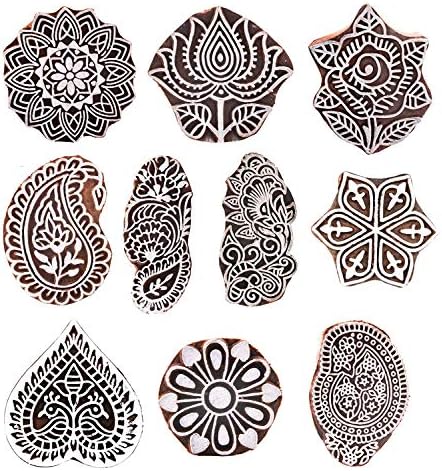 Wonderlist Handicrafts (Set of 10) Mughal Design Wooden Printing Stamp Block Hand-Carved for Saree Border Making Pottery Crafts Textile Printing