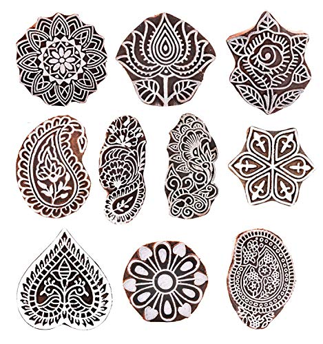 Wonderlist Handicrafts (Set of 10) Mughal Design Wooden Printing Stamp Block Hand-Carved for Saree Border Making Pottery Crafts Textile Printing