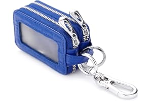 PORRASSO Key Case Genuine Leather Car Key Bag Portable Key Zipper Pouch Double Layer Car Smart Key Chain for Men Women Blue