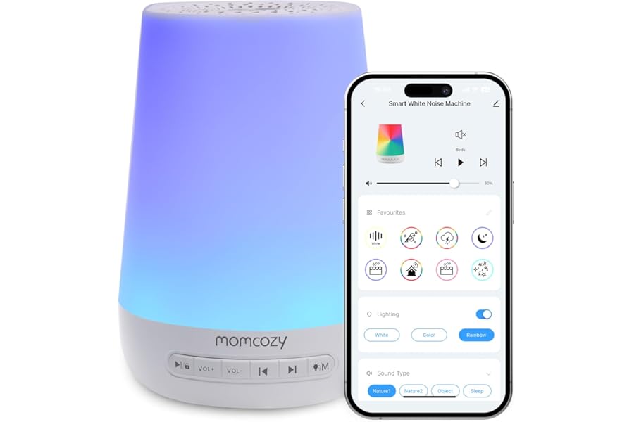 Baby Sound Machine, Momcozy White Noise Machine for Baby Sleeping with Night Light, Toddler Sleep Trainer with 34 Soothing Sounds, Timer, App Remote Control, Personal Sleep Routine(White)
