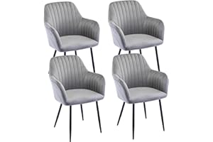 Bonzy Home Soft Velvet Dining Chair Set of 4, Upholstered Kitchen Chairs Counter Lounge Living Room Corner Chair with Armrest, Backrest & Metal Legs, Comfortable and Stable (Grey, 4 pcs