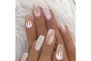 Vatocu Noël Cercueil Faux Ongles Court Blanc Nu coller de faux ongles Flocons de neige Argent Paillettes Appuyer sur les ongles Gradient Acrylique ongles collés pour Femmes et Filles (24pcs）