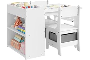 WOLTU Table Enfant avec 2 Chaises, Table Dessin avec Étagère à 3 Niveaux, Porte-Rouleau de Papier, Chaise avec Dossier et Boîte de Rangement en Tissu Non-tissé Amovible, en MDF, Blanc
