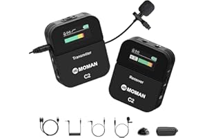 Moman C2 2.4GHz Wireless Lavalier Microphone System with 1 Transmitter, 1 Receiver & 1 Lapel Microphone Compatible with Laptop, DSLR, Camcorder, Recorder, Tablet, Smartphone