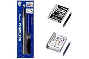 BLUMIE SHOP Pilot Parallel Pen 6,0 mm + 1 caja de 12 cartuchos de tinta colores surtidos + 1 caja de 6 cartuchos + 1 regla marcapáginas de madera Blumie