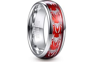 NUNCAD Anello in Tungsteno Placcato Argento 8 mm con Opale di Carta Rossa + Motivo Ragno Argento/Nero Uomo Donna per Gioielli Regalo Stile di Vita Fidanzamento, Taglia 14.5-27.25