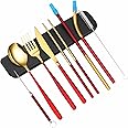XINYUWIN Portable Travel Utensils Flatware Set 8 Pieces Portable & Reusable Stainless Steel Cutlery Include Fork Knife Spoon Chopsticks Straws Toothpick Cleaning Brush Safe with Case(Red Golden)