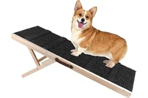 BommJokker Hunderampe Länge 95cm Einstellbar 30-55cm Höhe des 7 Gangs Hundetreppe für Bett oder Sofa aus Holz Katzen Rampe Hundeleiter Auffahrrampe für Haustiere mit Anti-rutsch max80kg Sicher (S)