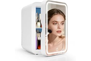 YU YUSING Mini Frigo Cosmetique 8L avec Miroir LED, Mini Réfrigérateurs Portable, Petit Frigo de Chambre 12V/220V avec Fonction Chaud/Froid, Miroir de Maquillage Led pour voitures, Blanc