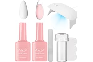 GUOUURR French Manicure Kit - 2pcs White & Pink Jelly Gel Polish Set with UV/LED Lamp & Nail Stamper for DIY French Tips Manicure at Home