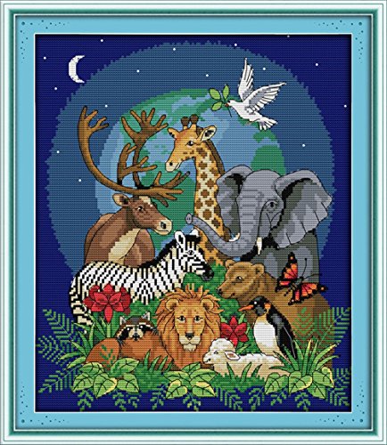 YEESAM ART Unstamped Cross Stitch Kits for Adults, Animals World 14ct Counted Unprinted Embroidery Kit Needlework Wall Art Decor
