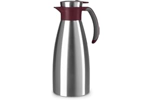 Emsa Soft Grip Isolierkanne, 1,5 Liter, Edelstahl, 12 Stunden heiß + 24 Stunden kalt, Auslaufsicher, Rutschfester Griff, Farbe Weinrot N4120500