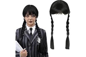 HYDTQCL Addams Perücke für Kinder, Schwarze Geflochtene Perücken, Perücken mit Pony Zopf, Gothic Kostüm Lange Zöpfe Perücken mit Bangs für Cosplay Party Fasching Karneval Halloween