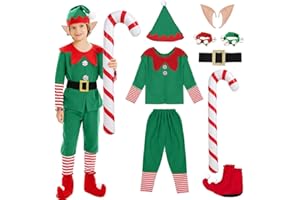 GTJEOI Weihnachtself Kostüm Kinder Jungen, Weihnachtswichtel Kostüm Kinder, Weihnachts Elfen Kostüms mit Hut Gürtel Schuhüberzieher Elfenohren Glocke Krücken, Elfenkostüm Kinders für Weihnachten Cosplay