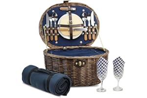 HappyPicnic Cestino da picnic "ovale" in salice con servizio per 2 persone con refrigeratore isolato "incorporato", cesto da picnic in vimini naturale, set da picnic