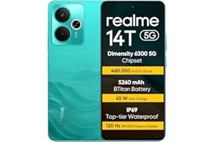 realme 14T 5G smartfon 8 + 256 GB, Procesor Dimensity 6300 5G, Tytaniczna bateria 5260 mAh, Szybkie ładowanie 45 W, Wyświetlacz AMOLED Esports 120 Hz, IP69, NFC, Zielony(bez adaptera)