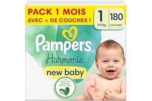 Pampers 180 Couches Bébé Harmonie Taille 1 (2-5 kg), Pack 1 Mois, 100% d'absorption & des Ingrédients d'origine végétale, Hypoallergéniques