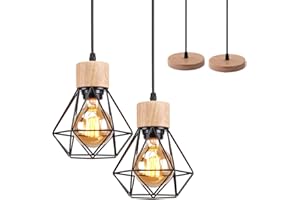TOKIUS Suspension Luminaire Vintage Industrielle Lustre Abat-jour en Métal et Bois Ø160mm Plafonnier E27 avec Bois Rétro Pour Salon Cuisine Chambre (2pcs)