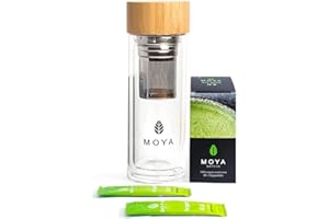 Moya Matcha To Go! Set | Shaker en verre 330 ml + 24 sachets x 1,5 g de Matcha To Go| Set de préparation du matcha chaud et froid | Idéal pour le travail, le voyage ou l’entraînement