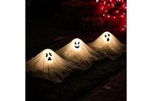JOYIN Halloweendekorationer för utomhusbruk i trädgården, vita spöken på stänger med upplyst design (3 pack), tygspöke för halloweenlampor, kyrkogård