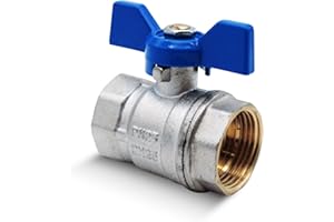 DOJA Barcelona | Vanne 1" Papillon | Robinet d'Arret PN-25 | Femelle-Femelle | en Laiton | Poignée Bleue | Vanne 26/34 pour Compresseur à Air, Tuyau Gaz, Raccord Plomberie, Robinet Exterieur Jardin