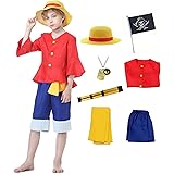 Ladhow Monkey Luffy Costume Costumi One Anime Bambino 4 Piece Coplay Vestito da Ragazzo con Cappello di Paglia