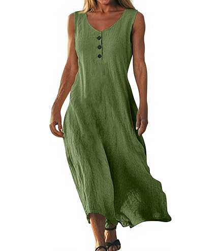 Damen Sommerkleid Aus Baumwolle-Leinen - Ärmellos Mit Blumendruck Midi