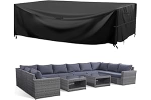 GARPROVM Garden Furniture Covers Waterproof, Patio Furniture Covers Waterproof Anti-UV Outdoor Furniture Covers with Handle Strap Drawstring Buckle for Garden Sofa Table Chair Set (315x180x74cm, Black)