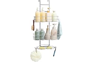 Shinoske Mensola Doccia Portaoggetti Doccia da Appendere, 2 livelli di mensola per doccia senza foratura, Antiruggine Acciaio Portaoggetti Bagno Accessori Bagno con Portasapone Ganci (Argento)